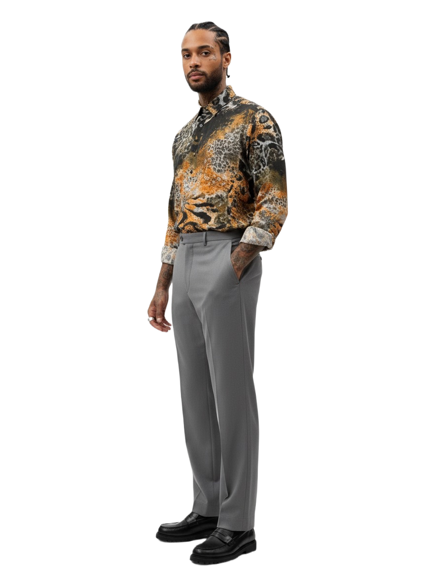 Fire Orange & Black Tiger Print Silk Long Sleeve Smart Shirt