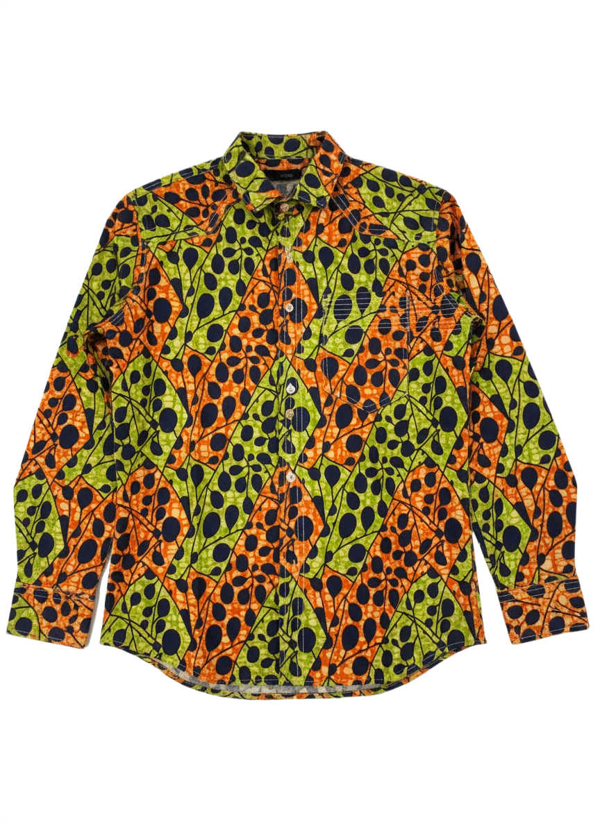 Spotted Orange & Lime Green Ankara Long Sleeve Shirt with White Stitching