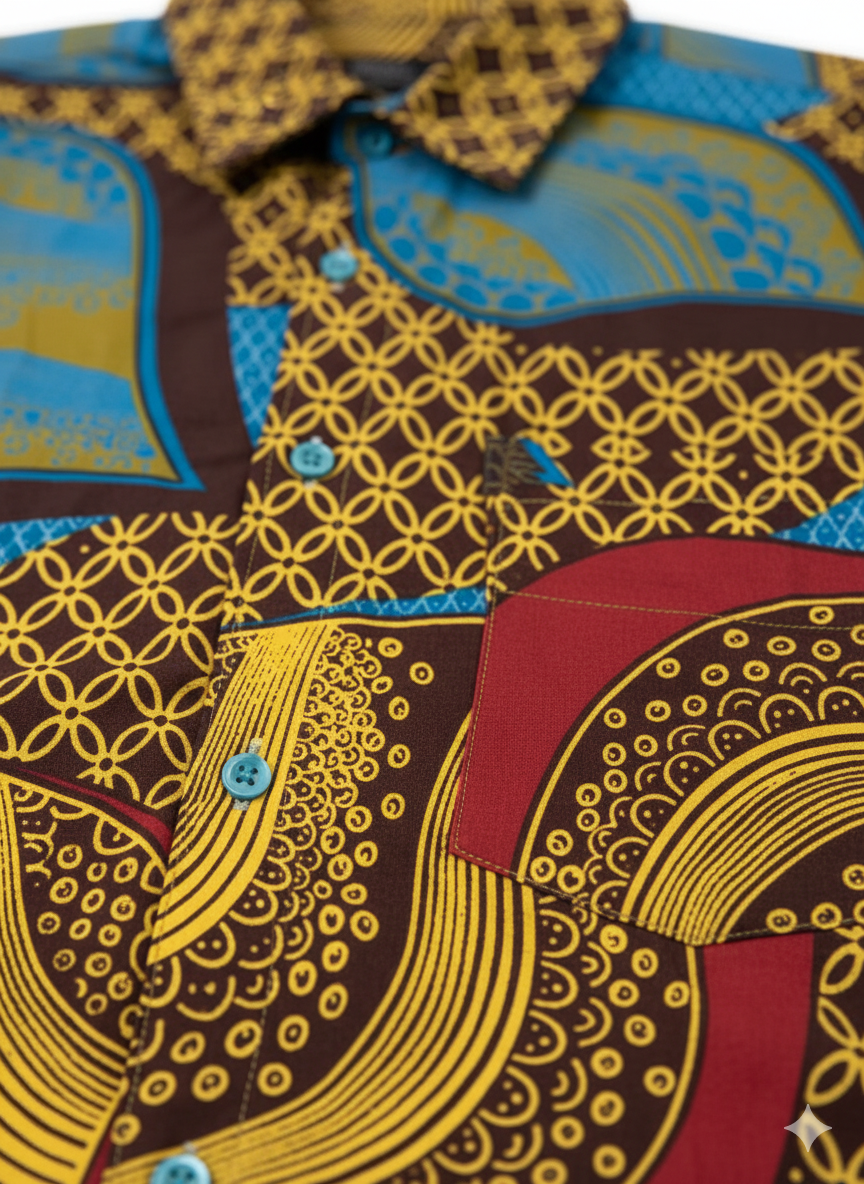 Gold & Sankofa Blue Leaf Patchwork Design Wax Ankara Short Sleeve Shirt