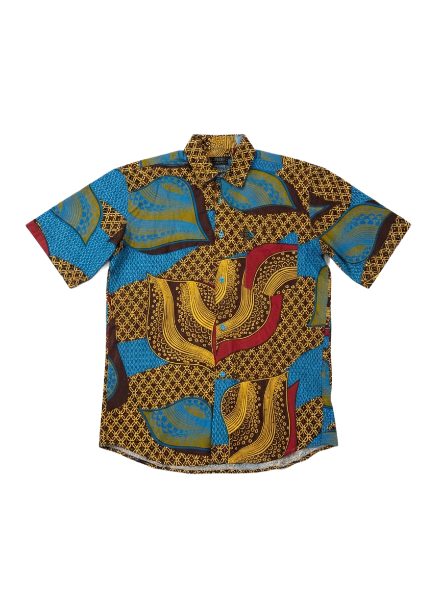 Gold & Sankofa Blue Leaf Patchwork Design Wax Ankara Short Sleeve Shirt