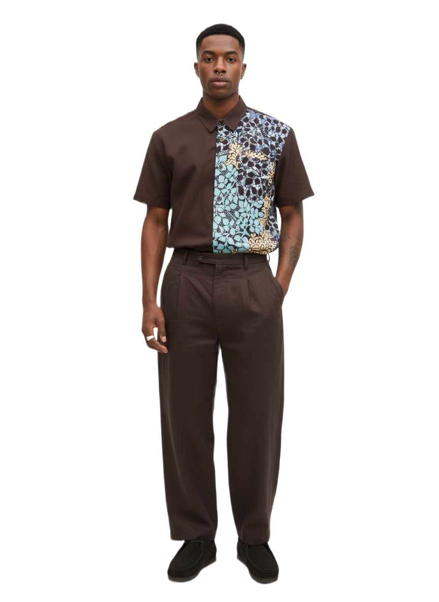 Combination Botanical Brown & Aqua Blue Wildroot Design Ankara Short Sleeve Shirt