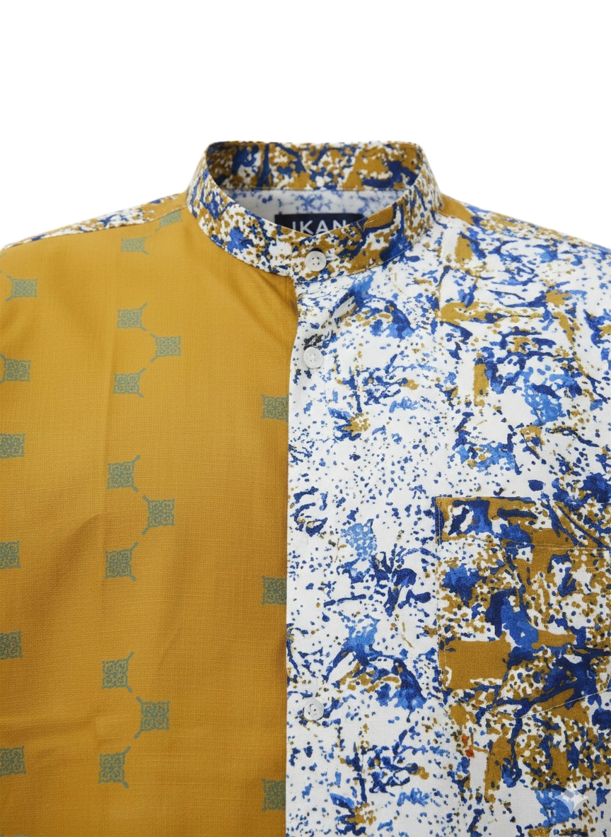 Mandarin Collar Floral Pattern &  Mustard Yellow Ankara Combination Shirt
