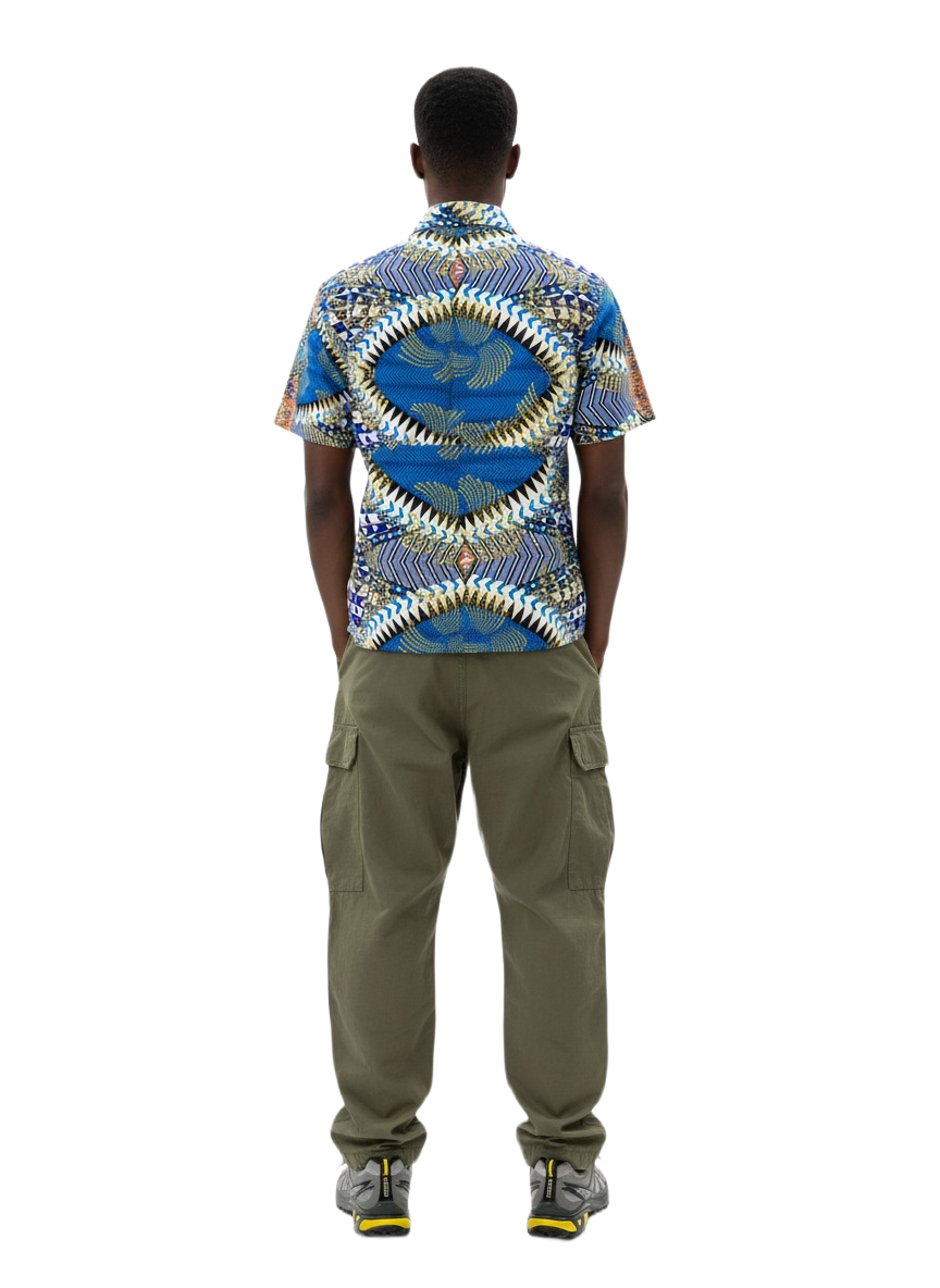 Kaleidoscope Pattern Blue & White Ankara Print Short Sleeve Shirt