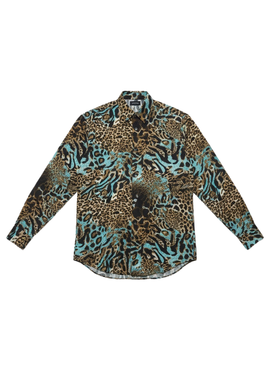 Ice Blue Tiger Emerald Blue Silk Long Sleeve Smart Shirt