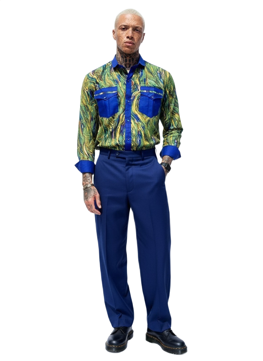 Pastel Swirl & Deep Blue Ankara Design Long Sleeved Shirt