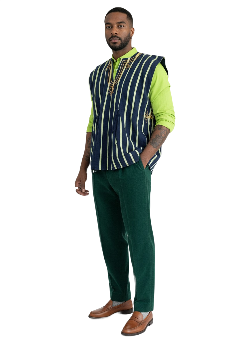 Lime Green & Navy Stripe Handwoven Batakari Fugu