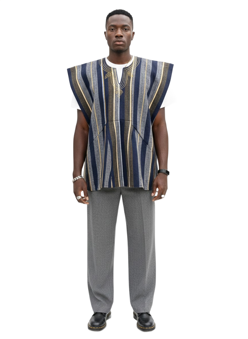 Navy, Grey & Yellow Stripe Handwoven  Batakari Fugu Smock