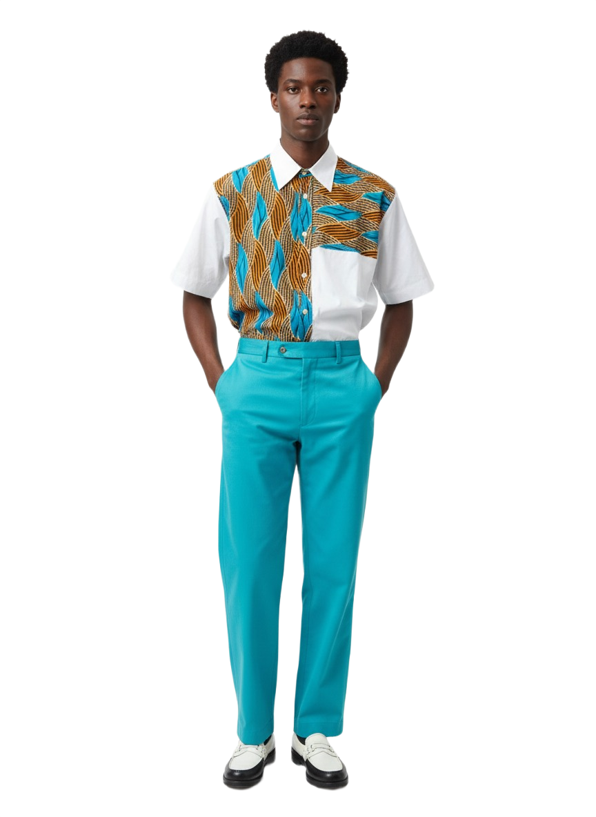 Quarter Combination Aqua Blue & White Ankara Short Sleeve Shirt