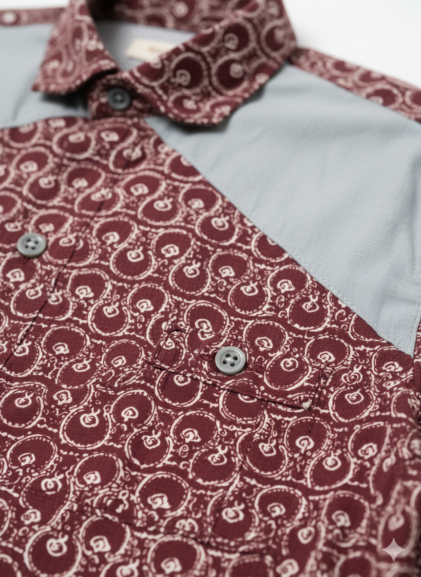 Pale Grey Panel & Burgundy Dotted Print Long Sleeved Shirt