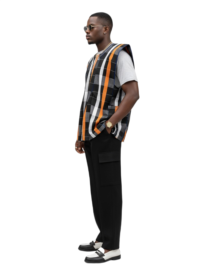 Handwoven Charcoal, White & Orange Striped Batakari Fugu