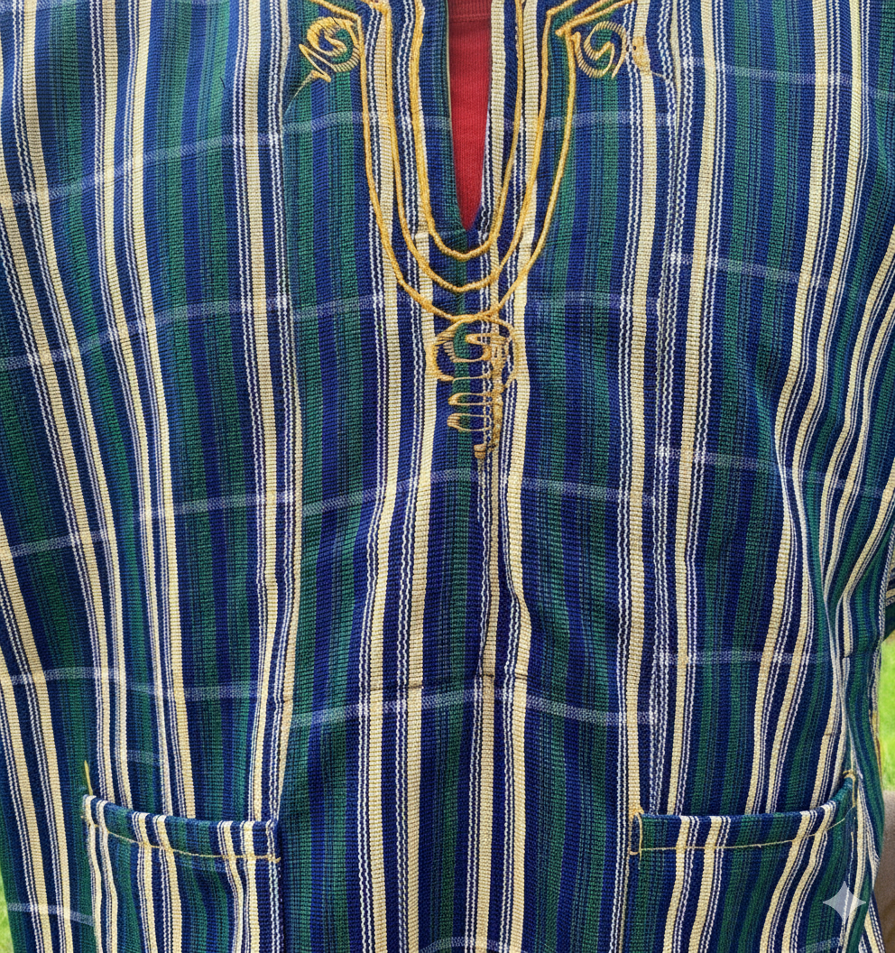 Green, Navy & Pale Yellow Handwoven Batakari Fugu