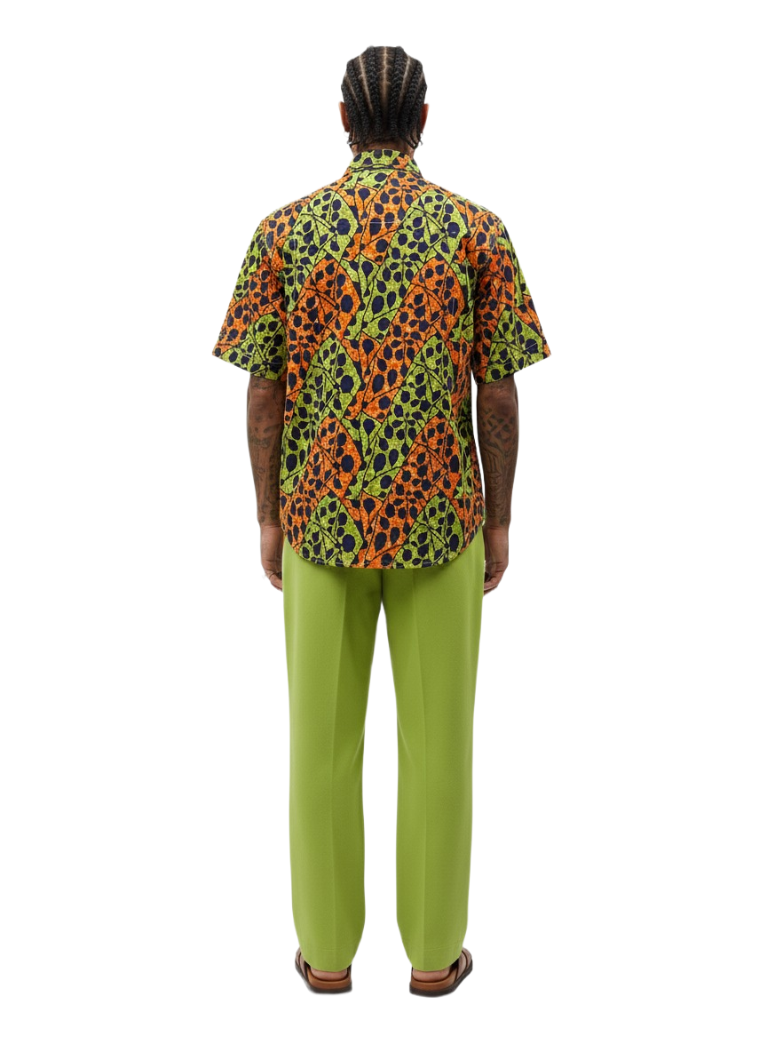 Speckled Lime Green, Black & Orange Ankara Short Sleeve Shirt