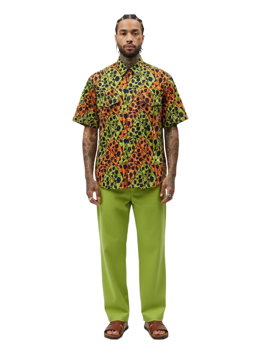 Speckled Lime Green, Black & Orange Ankara Short Sleeve Shirt