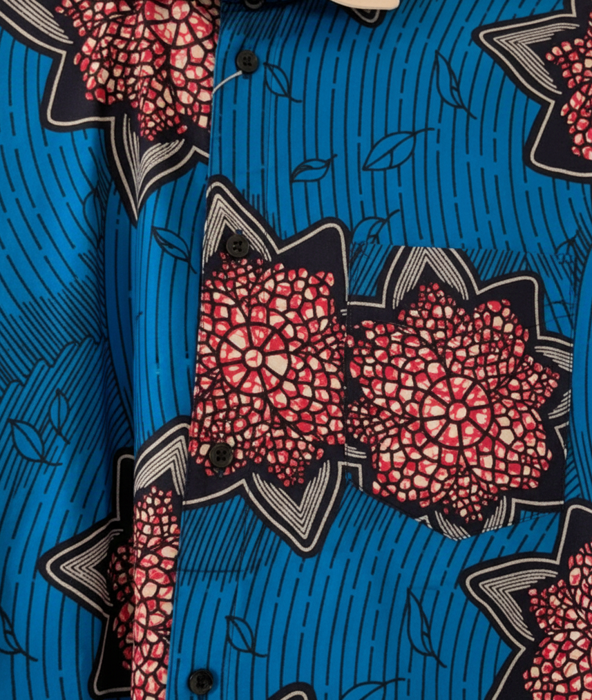 Floral Ocean Blue & Flamingo Pink Cuffed Wax Print Shirt