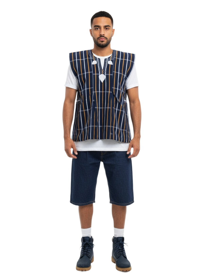 Navy, White & Orange Striped Batakari Fugu