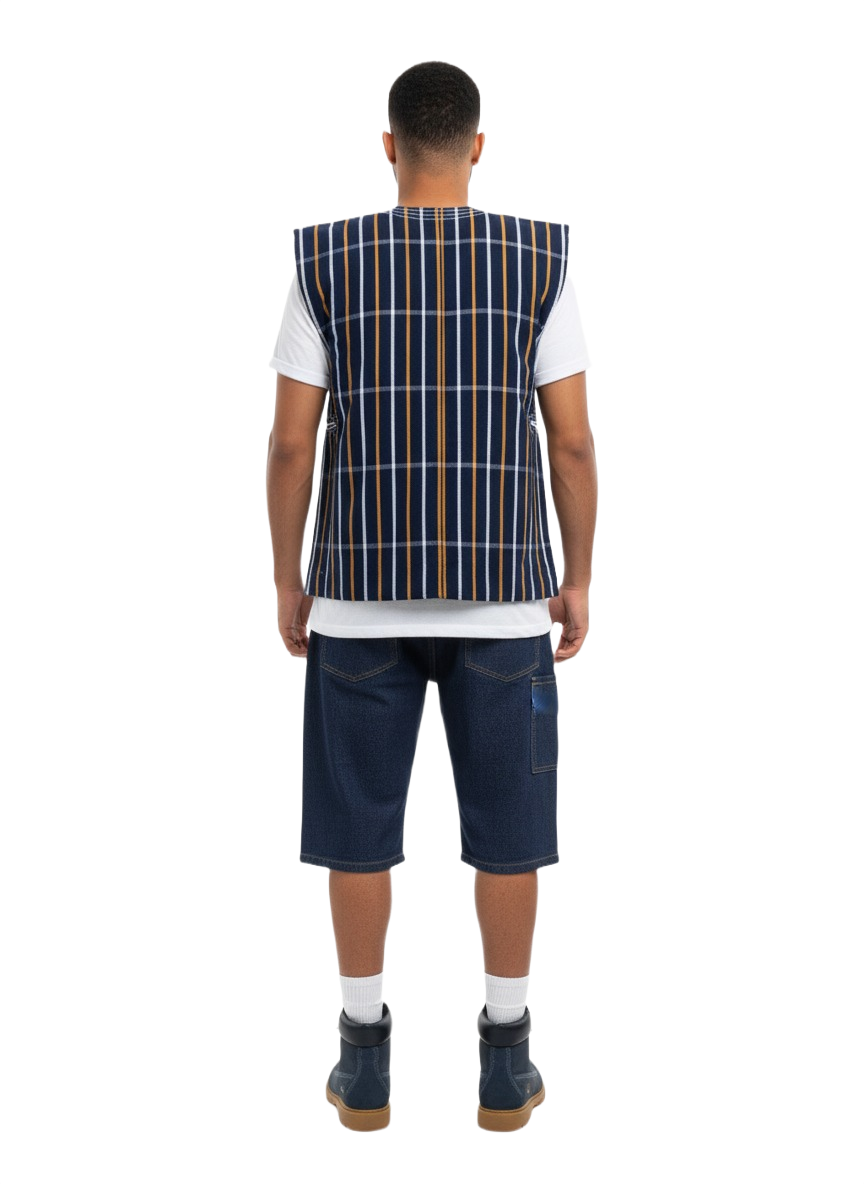 Navy, White & Orange Striped Batakari Fugu