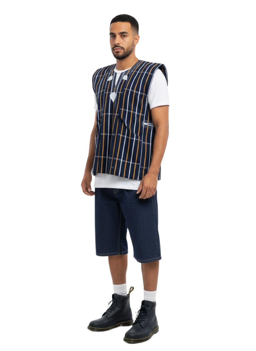 Navy, White & Orange Striped Batakari Fugu