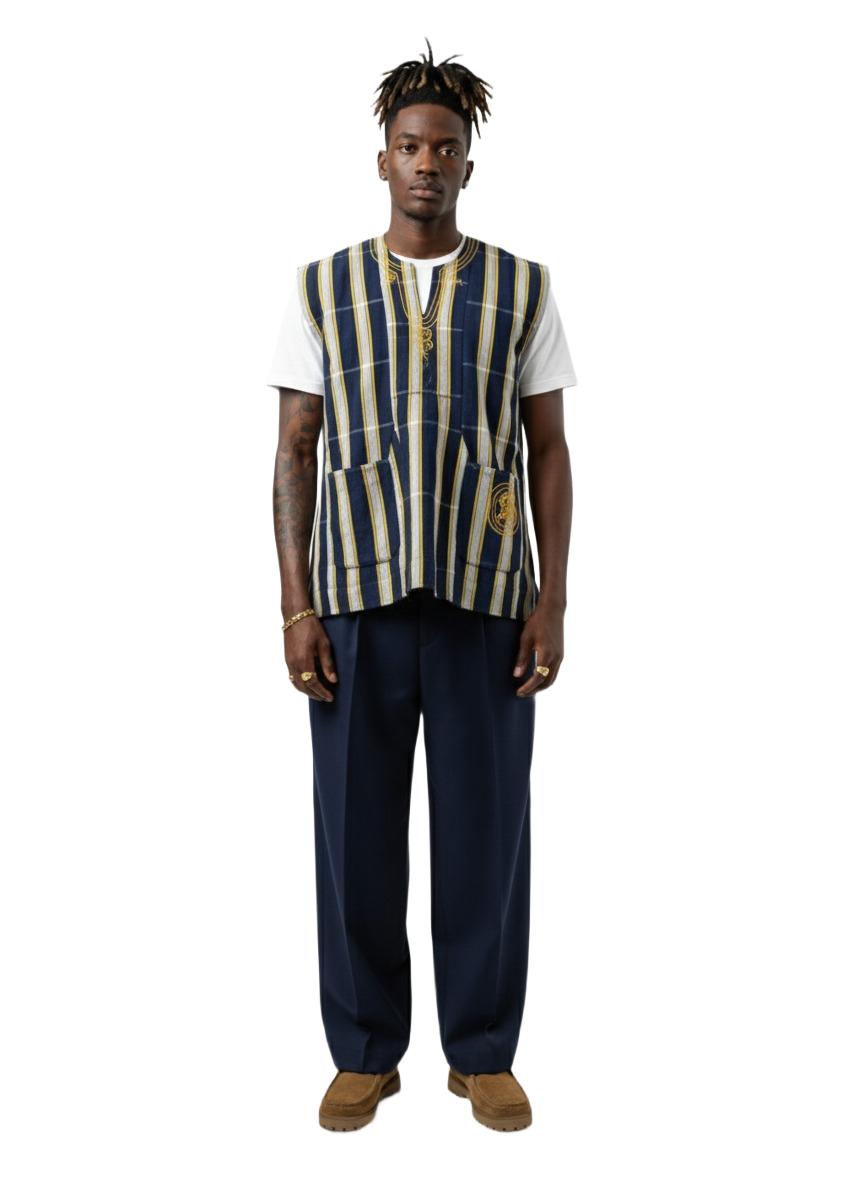 Navy, Off-White & Yellow Stripe Handwoven Batakari Fugu