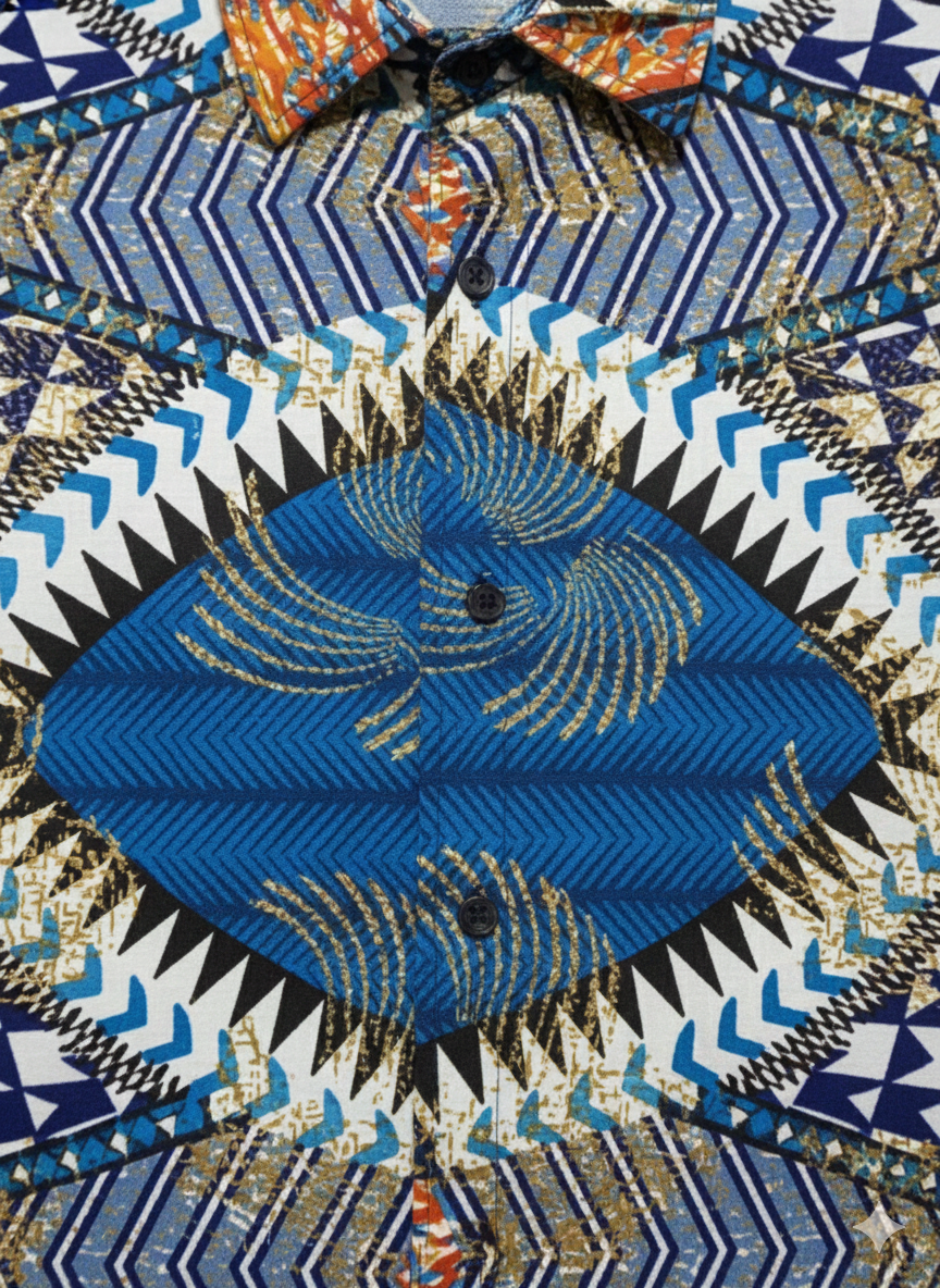 Kaleidoscope Pattern Blue & White Ankara Print Short Sleeve Shirt