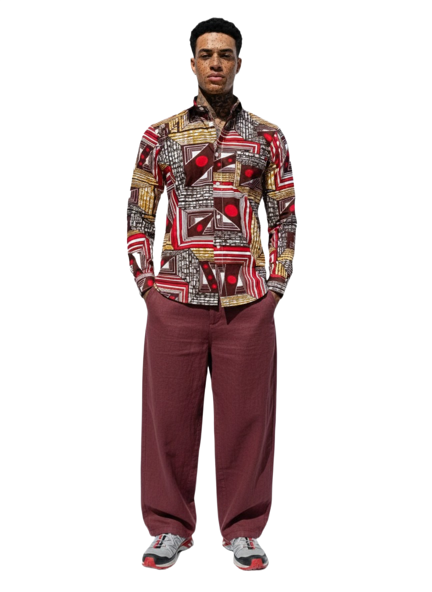 Geometric Patchwork Red, Maroon & Marigold Long Sleeved Shirt