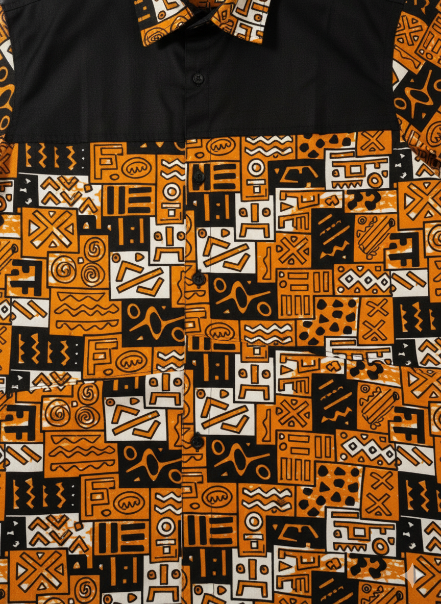 Combination Burnt Orange & Black Stripe Ankara Short Sleeve Shirt