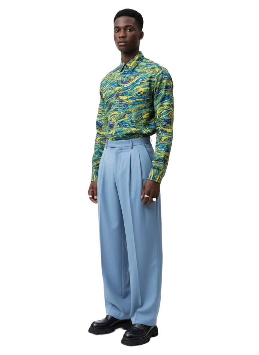 Whimsical Green Pastel Blue Buttoned Swirl Ankara Long Sleeved Shirt