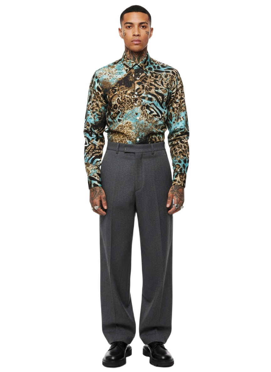Ice Blue Tiger Emerald Blue Silk Long Sleeve Smart Shirt