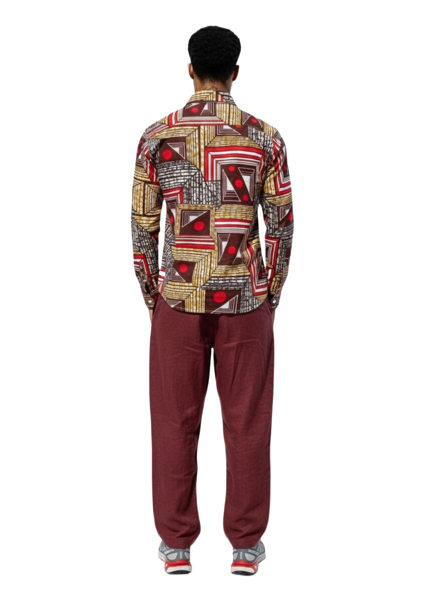 Geometric Patchwork Red, Maroon & Marigold Long Sleeved Shirt