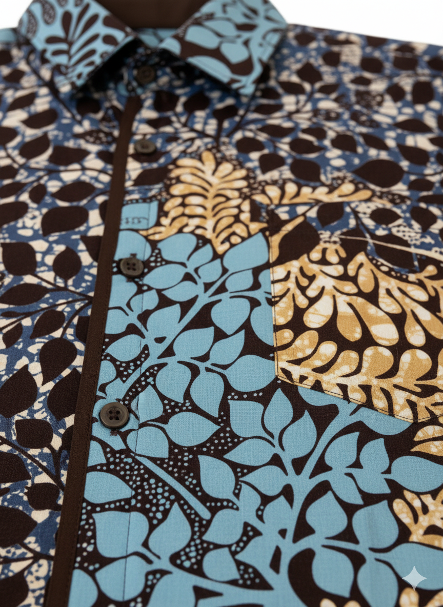 Botanical Wildroot Aqua Blue & Brown Lining Design Ankara Shirt