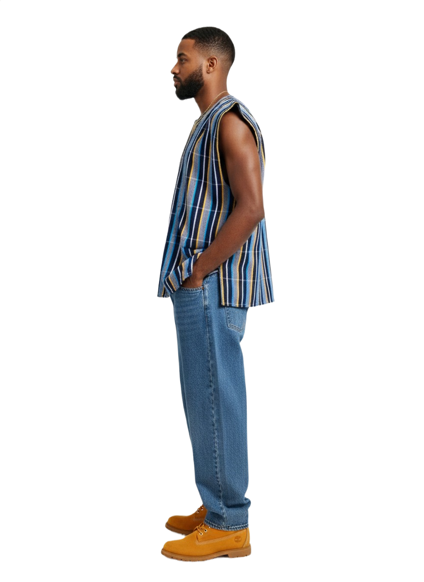 Denim Blue, Navy & Gold Striped Handwoven Batakari Fugu Smock