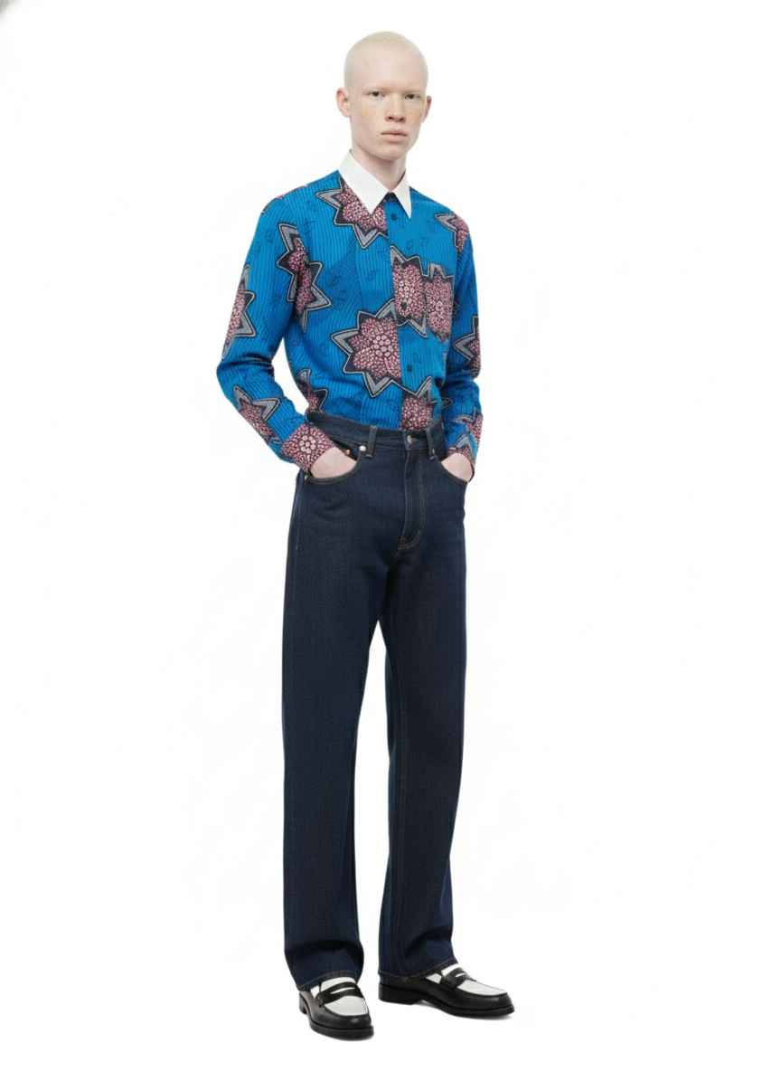 Floral Ocean Blue & Flamingo Pink Cuffed Wax Print Shirt