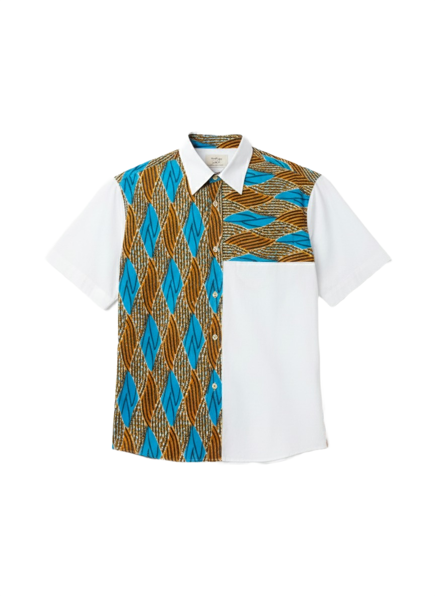 Quarter Combination Aqua Blue & White Ankara Short Sleeve Shirt