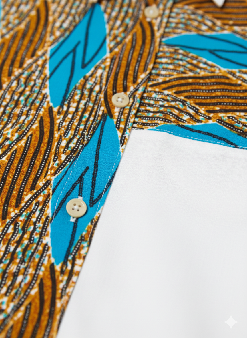 Quarter Combination Aqua Blue & White Ankara Short Sleeve Shirt