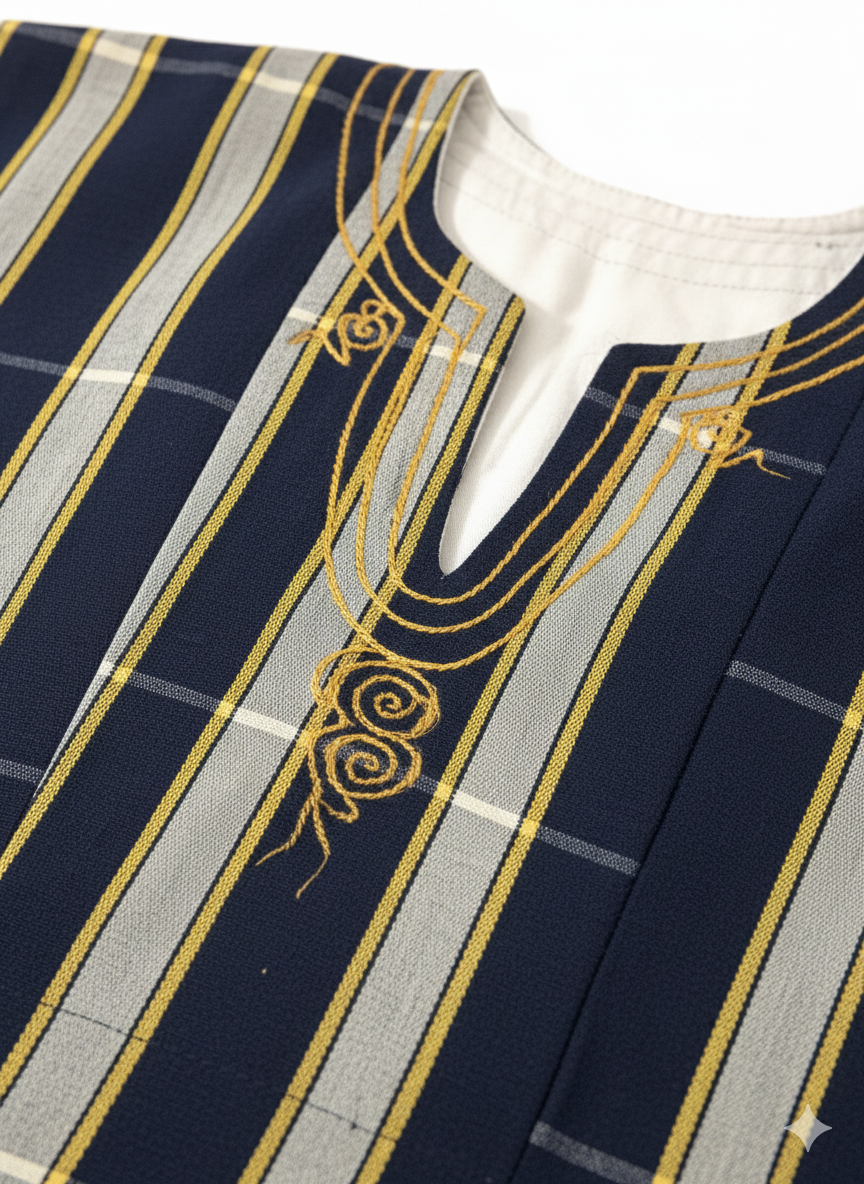 Navy, Off-White & Yellow Stripe Handwoven Batakari Fugu