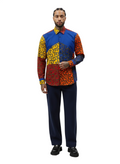Panel Blue & Multi Patchwork Ankara Print Long Sleeve Shirt