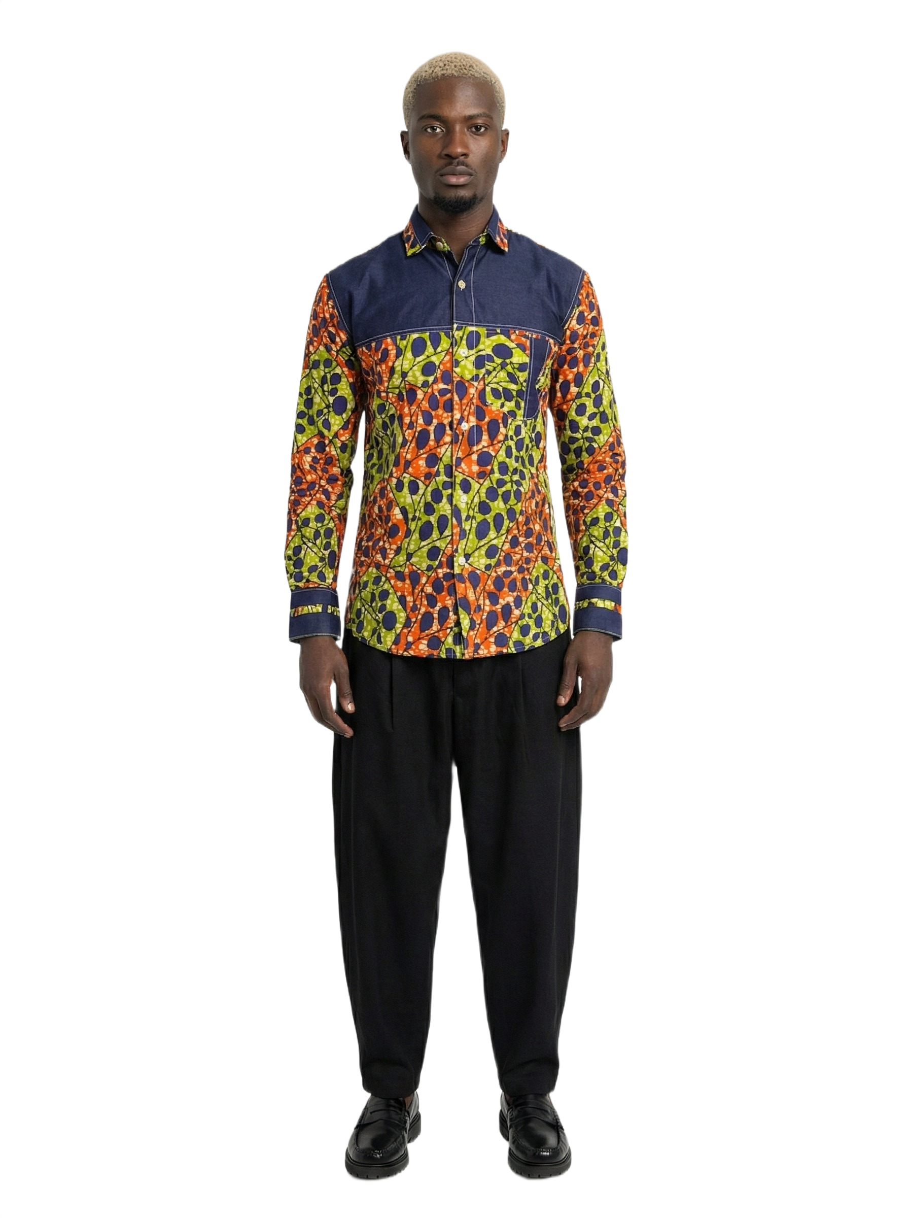 Combination Spotted Orange, Lime & Obsidian Panel Ankara Shirt