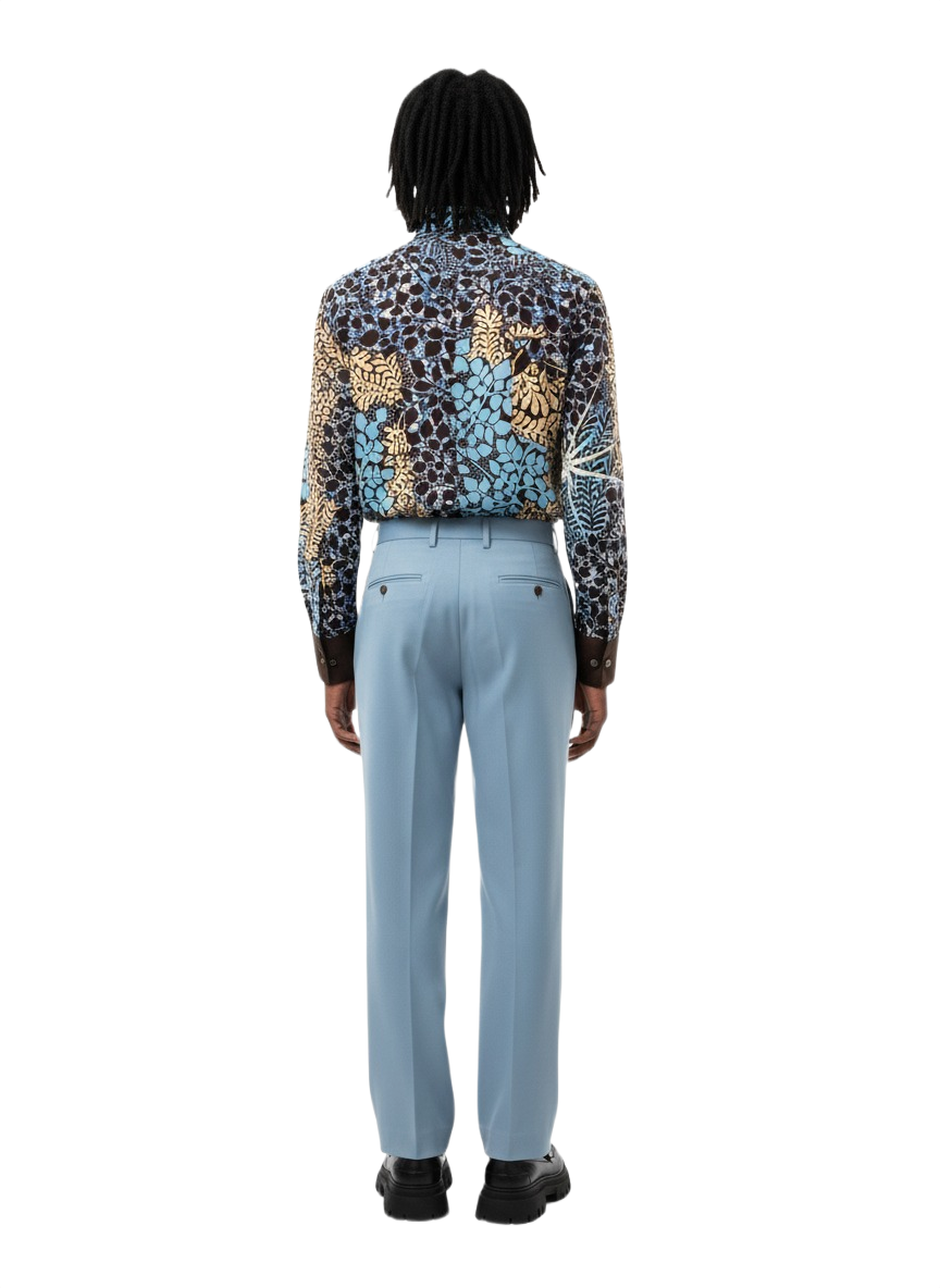 Botanical Wildroot Aqua Blue & Brown Lining Design Ankara Shirt