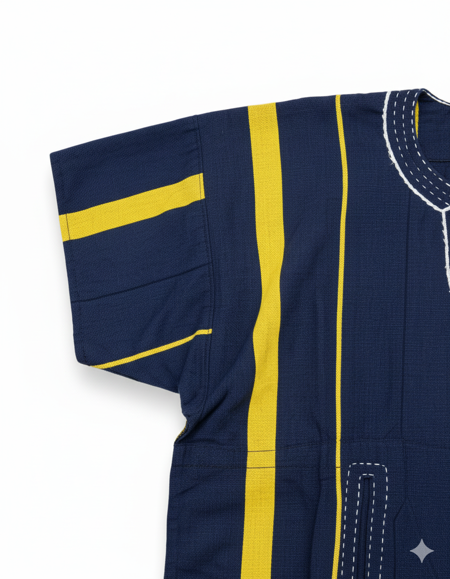 Navy Blue & Yellow Striped Handwoven Short Sleeve Batakari Fugu