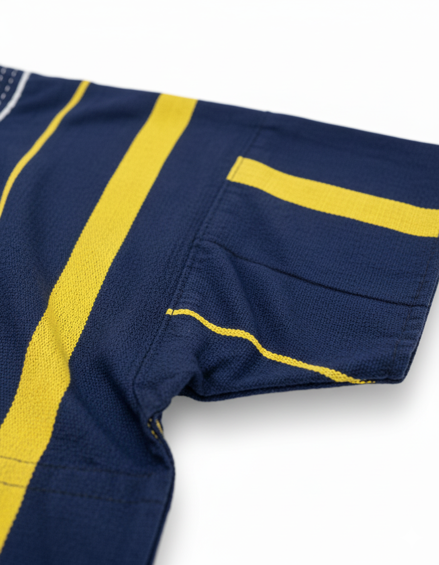 Navy Blue & Yellow Striped Handwoven Short Sleeve Batakari Fugu