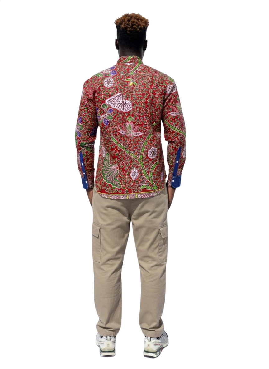 Chemise contrastante marron et bleue avec poche avant et double couture blanche