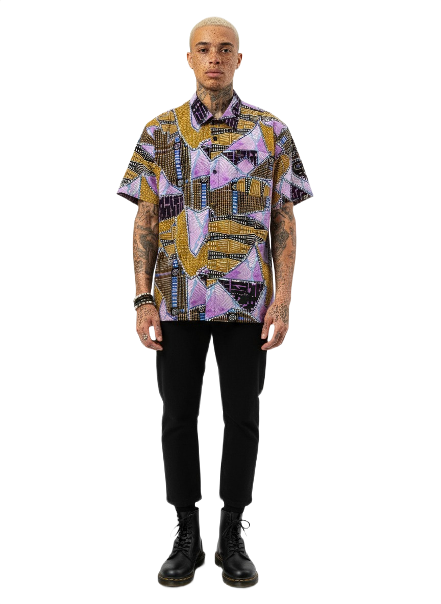 Patchwork Design Neo Pink & Gold Ankara Wax Print Short Sleeve Shirt