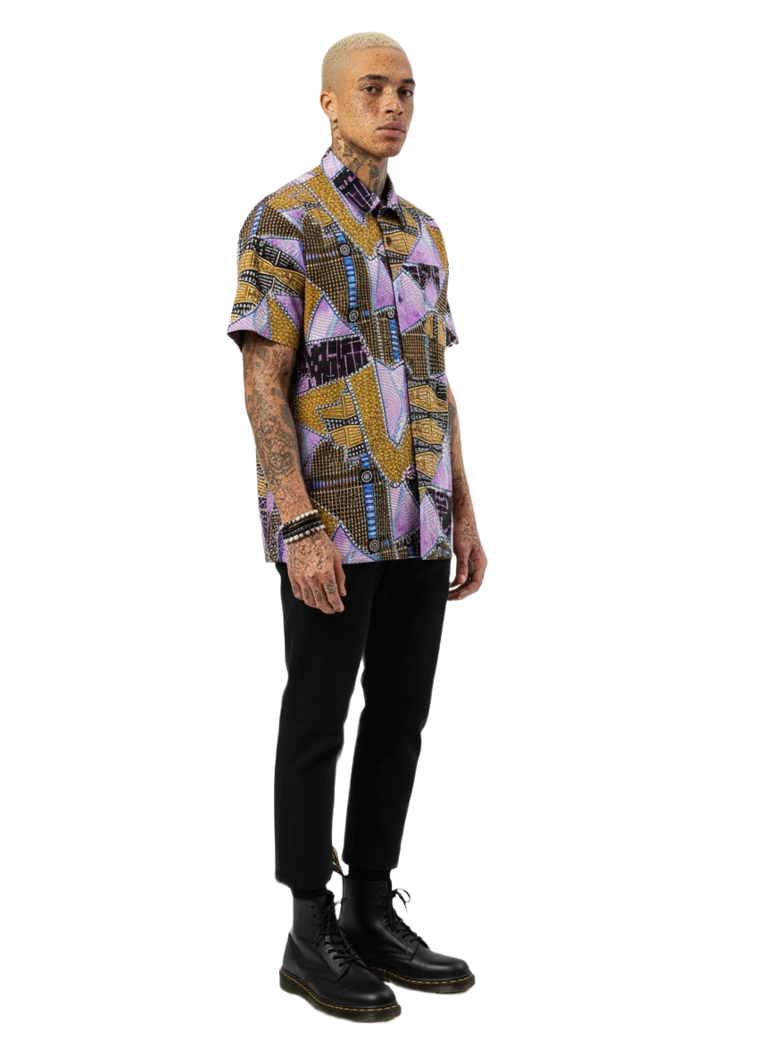 Patchwork Design Neo Pink & Gold Ankara Wax Print Short Sleeve Shirt