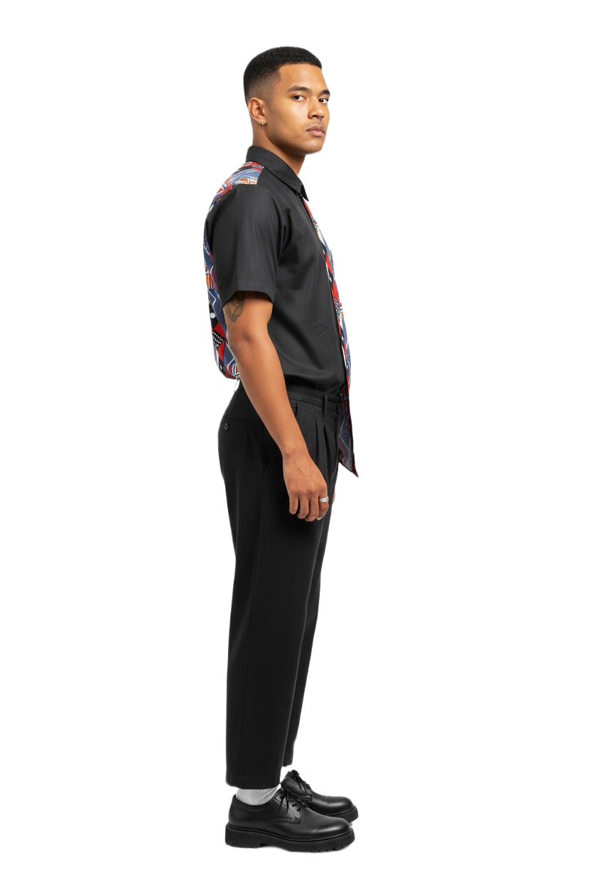 Blue & Red Norse Print with Black Combination Ankara Wax Short Shirt