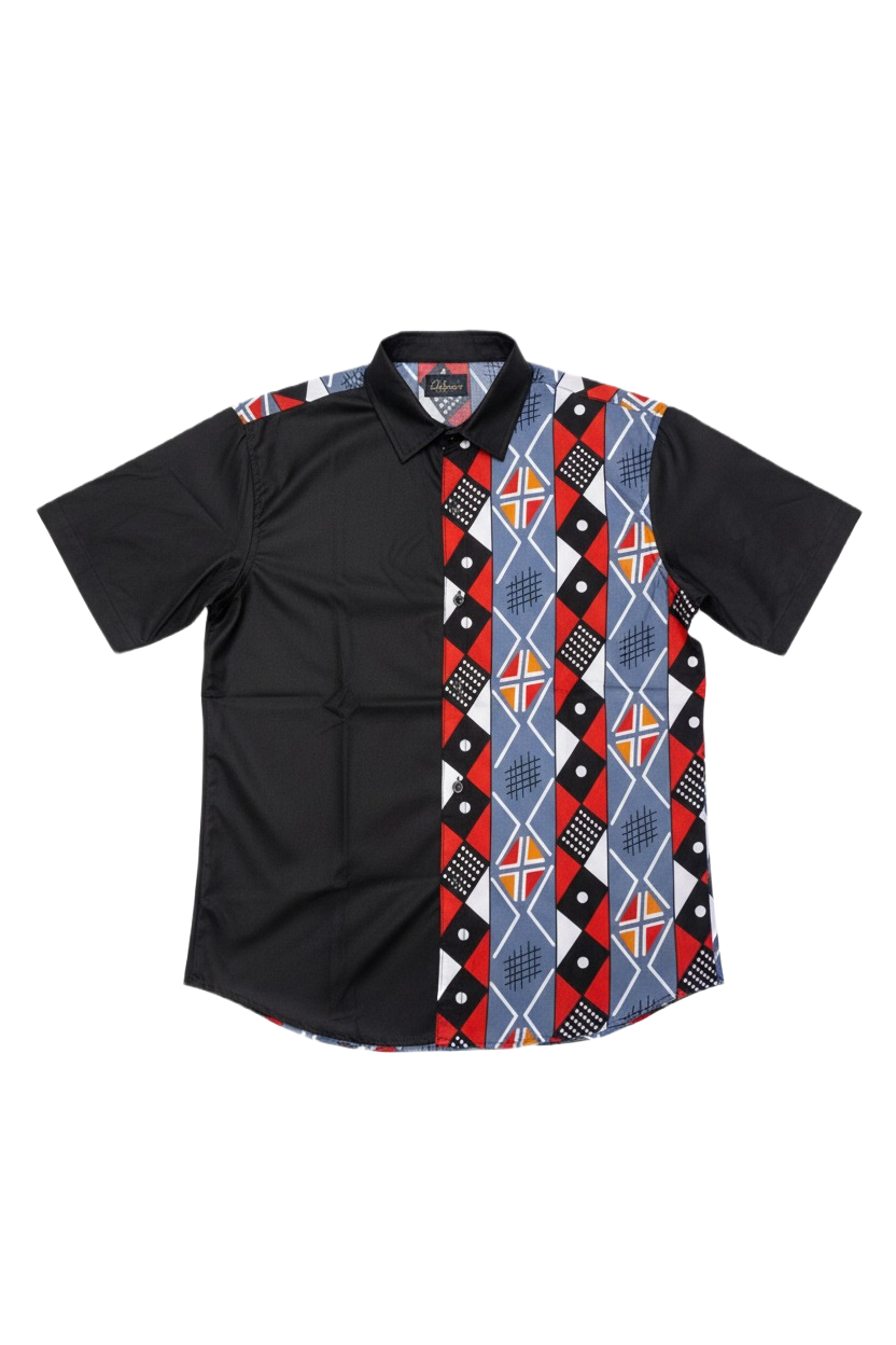 Blue & Red Norse Print with Black Combination Ankara Wax Short Shirt
