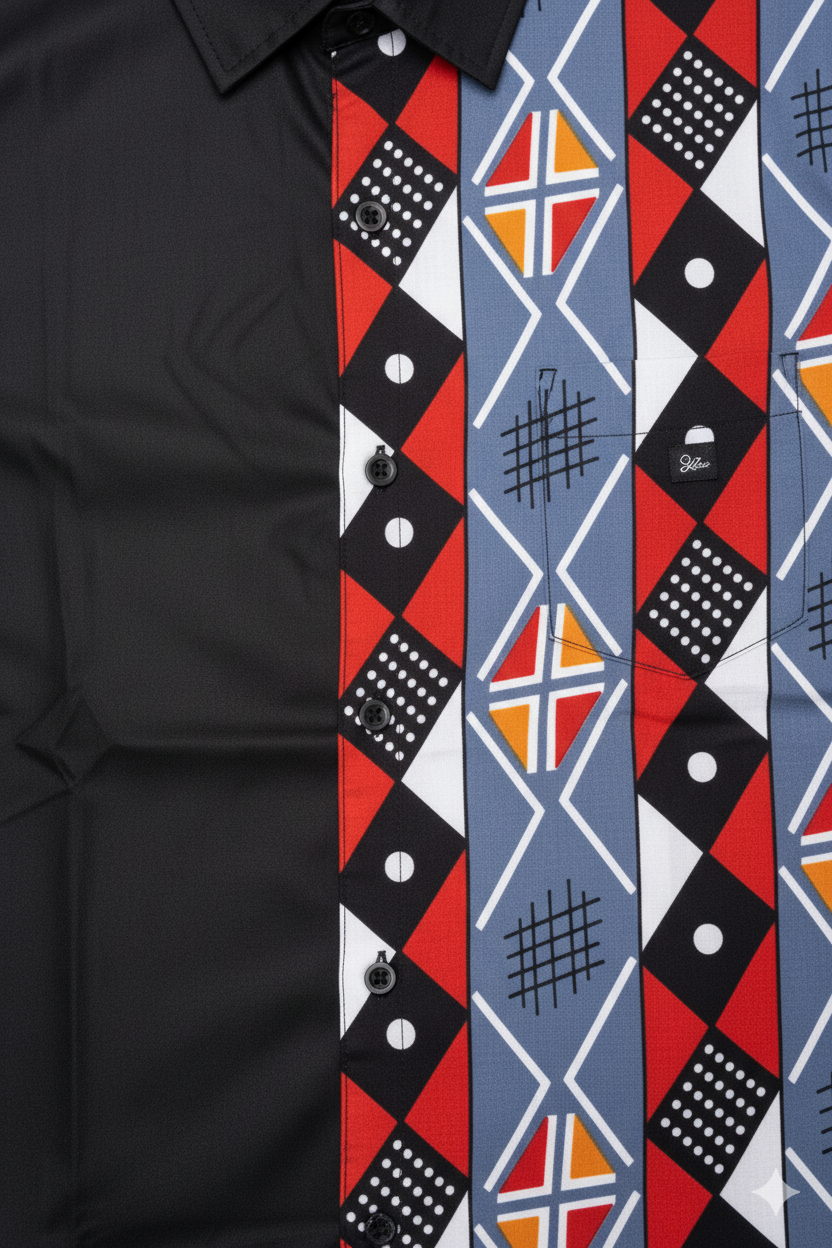 Blue & Red Norse Print with Black Combination Ankara Wax Short Shirt