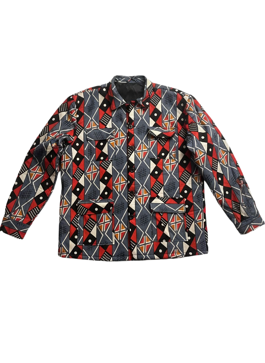 Blue & Red Norse Design Cotton Ankara Wax Print Padded Jacket