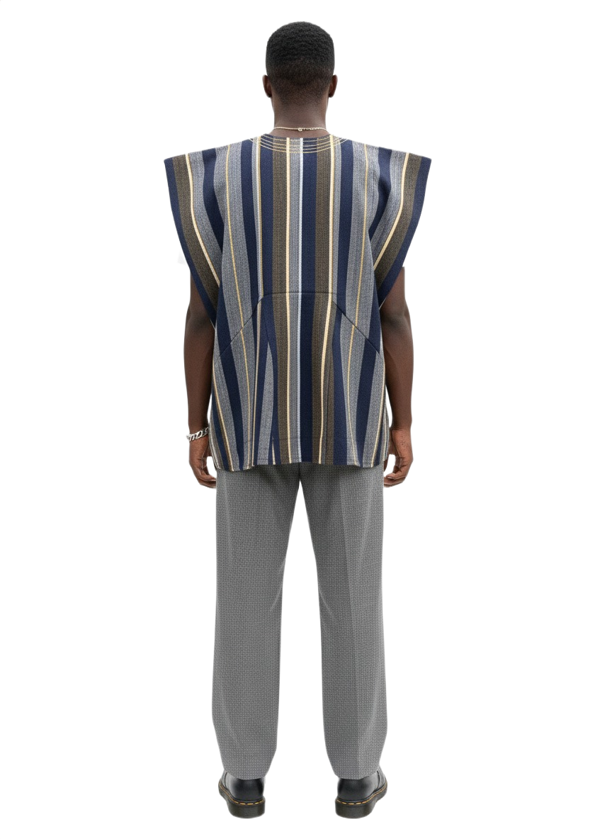 Navy, Grey & Yellow Stripe Handwoven  Batakari Fugu Smock