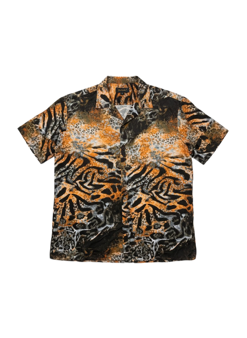 Fire Orange & Black Tiger Print Silk Short Sleeve Smart Shirt