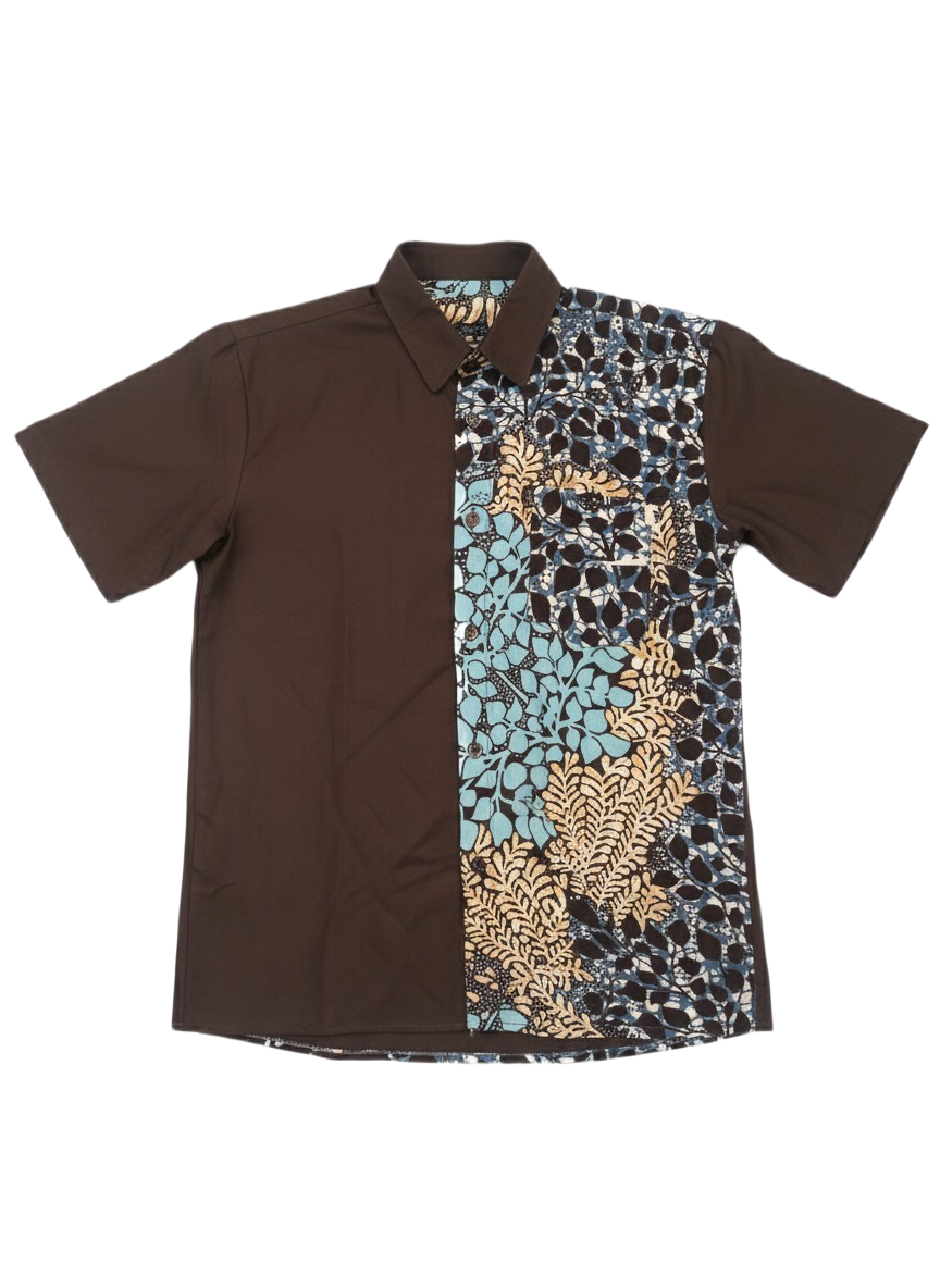 Combination Botanical Brown & Aqua Blue Wildroot Design Ankara Short Sleeve Shirt