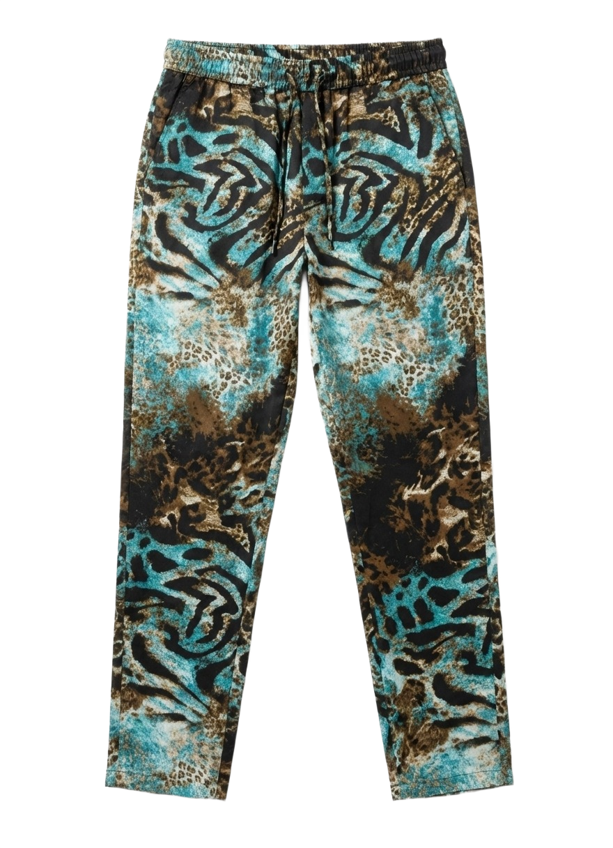 Ice Blue Tiger Print Silk Relaxed Trousers